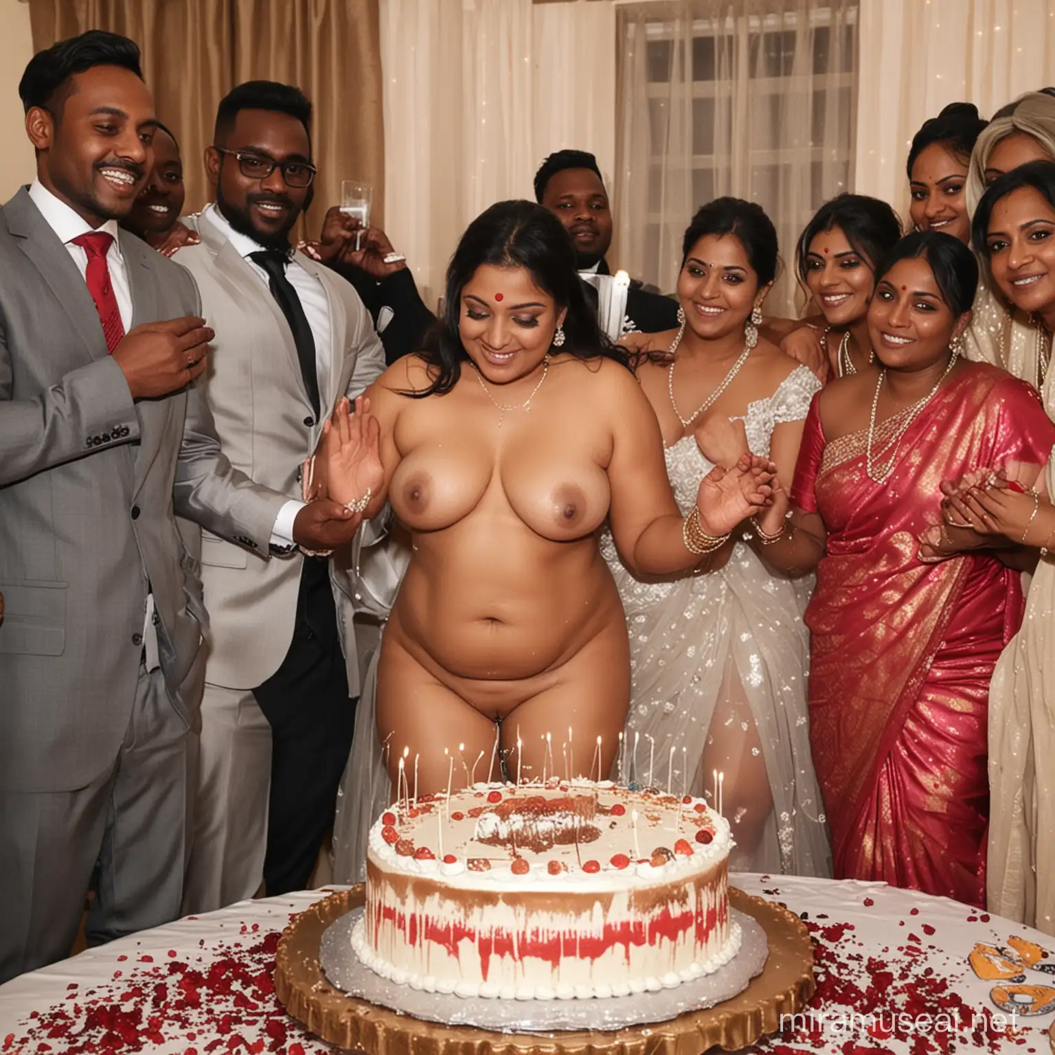 Fully Nude Sexy Indian BBW wife, cutting cake,6 African suited guests clapping, One guest pressing her ass. 