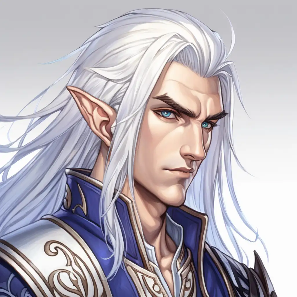 male half-elf, white-hair, fighter, character artwork, anime style, portrait