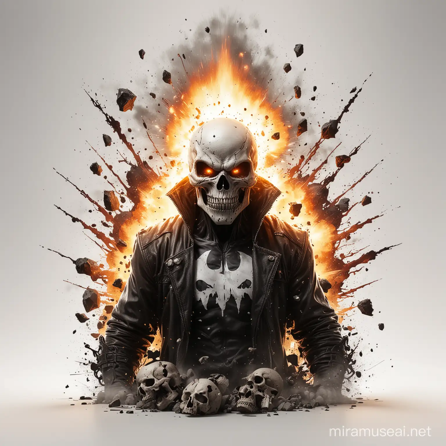 skull character with explosion in the background, in the style of greg capullo, in the style of todd mcfarlane, american comics style, in the style of spawn, white background