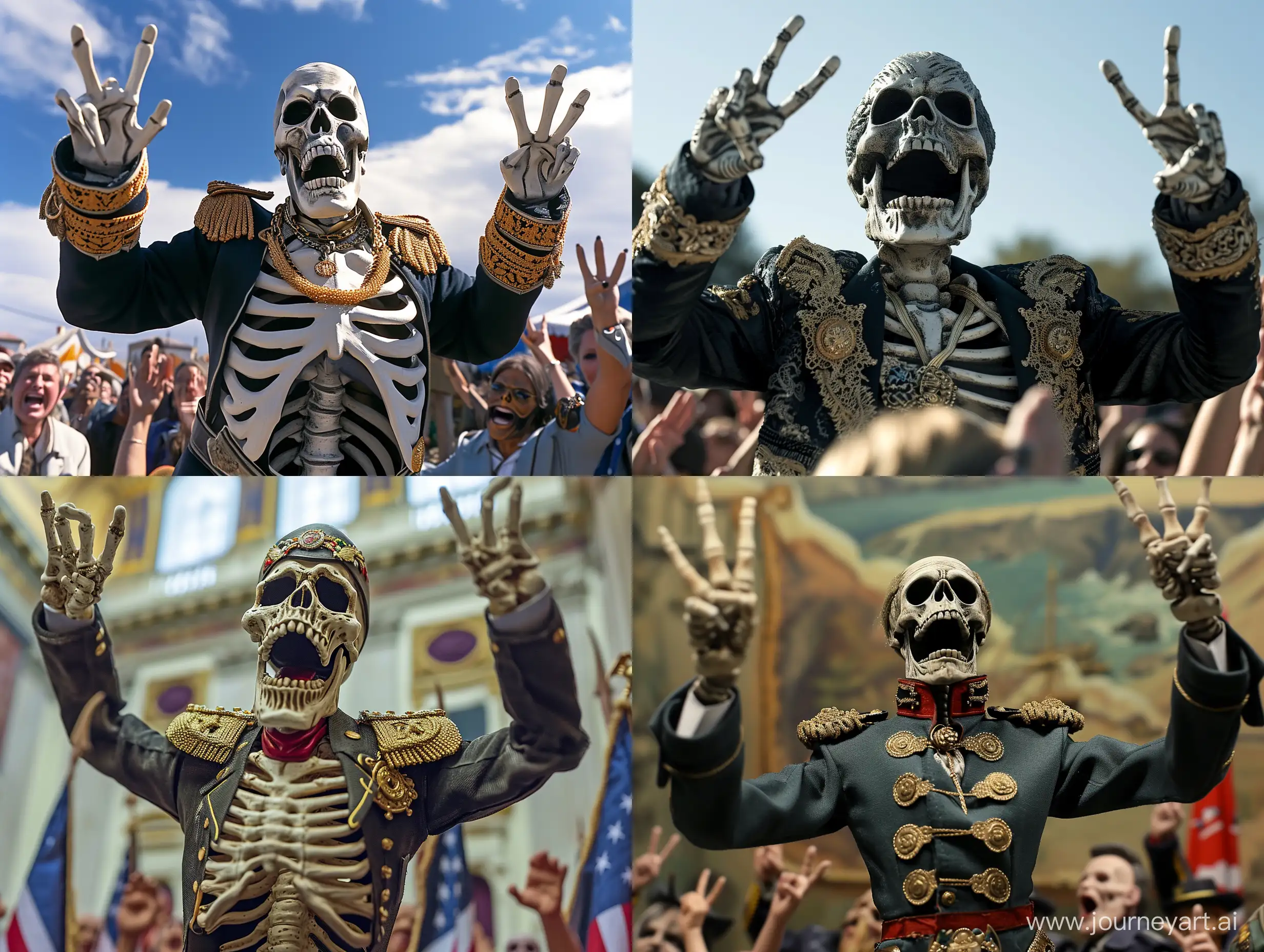 Spirited-Skeleton-President-Rallying-Voters-with-Peace-Sign-Gesture