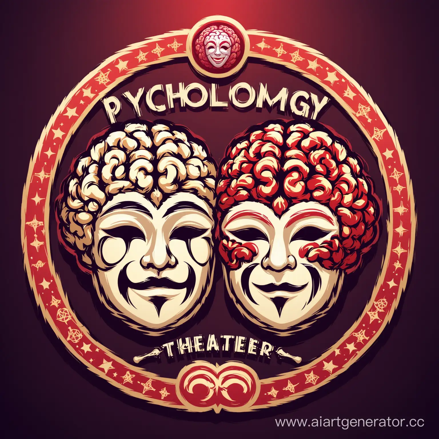 Сделай логотип соединение логотипа театра и логотипа психологии, для психологического театра на основе масок комедии и трагедии и изображения извилин мозга, надпись на русском яхыке
