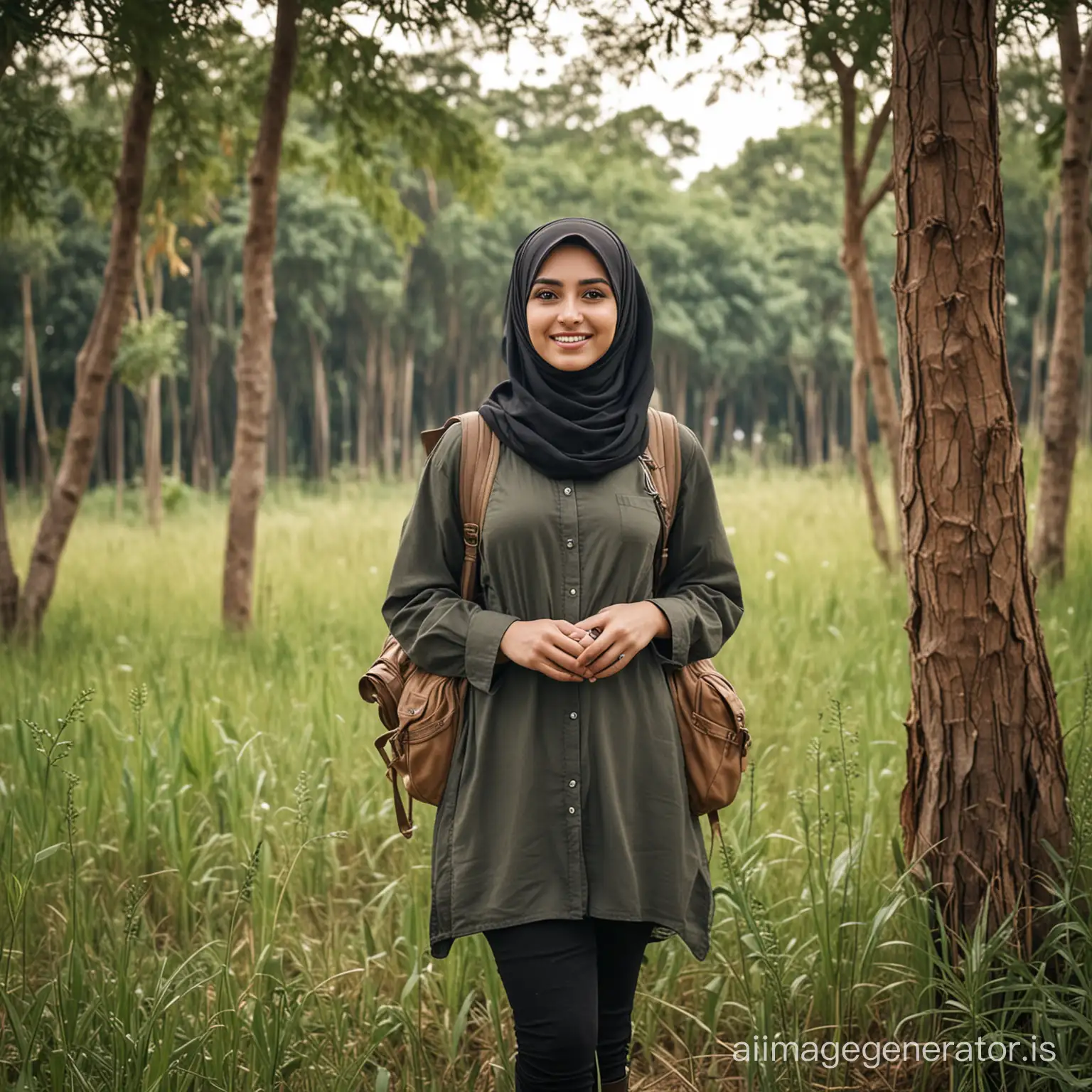 Arab women beautiful Asia hijab standing in a field with a backpack and trees, standing in the savannah, in front of a forest background, in a scenic background, standing in grassy field, tourism photography, standing in a grassy field, with a tall tree, young man with short, amidst nature, standing in tall grass, with a backpack, perfect portrait composition, travel photography, looking at viewer, faint smile