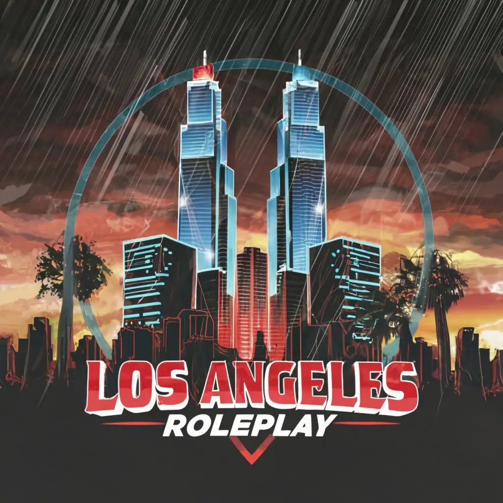 a logo design,with the text "Los Angeles Roleplay", main symbol:Blue and red lights flashing off skyscrapers in the rain while the police are in an intense battle with criminals. While planes are flying through the sky,Moderate,clear background