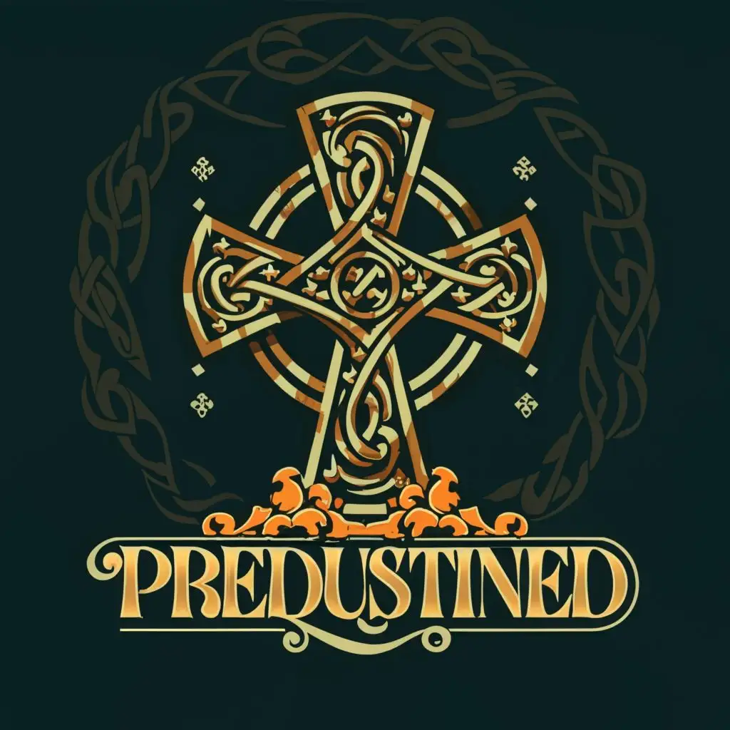 logo, Celtic cross, with the text "PreDustined", typography, be used in Religious industry