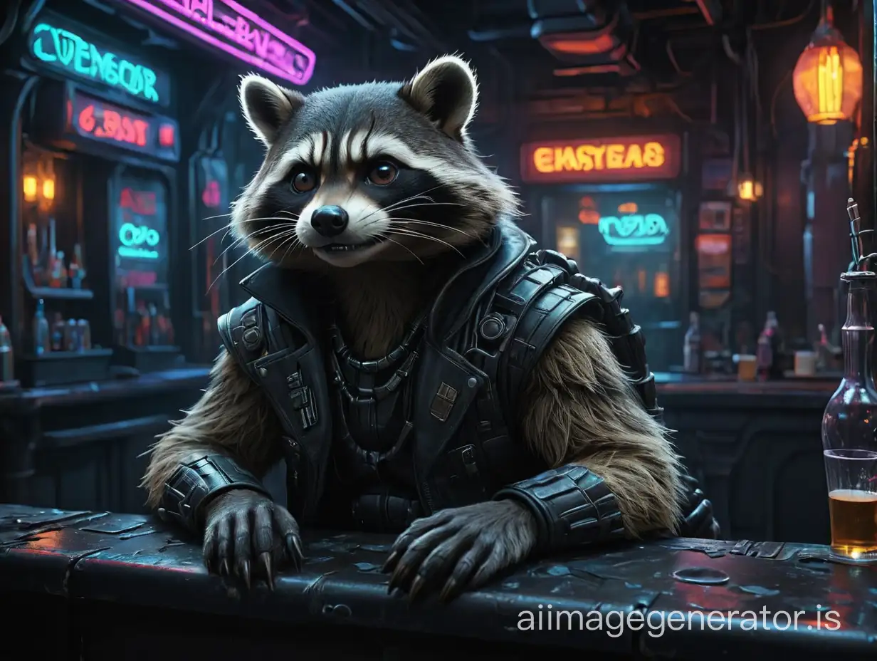 Raccoon Cyberimplants, noir at the bar in the cyberpunk style,(neon lighting,Giger-style abandoned world location);(epic, epic detail, masterpiece, best quality, photorealistic, ultra-high detail)