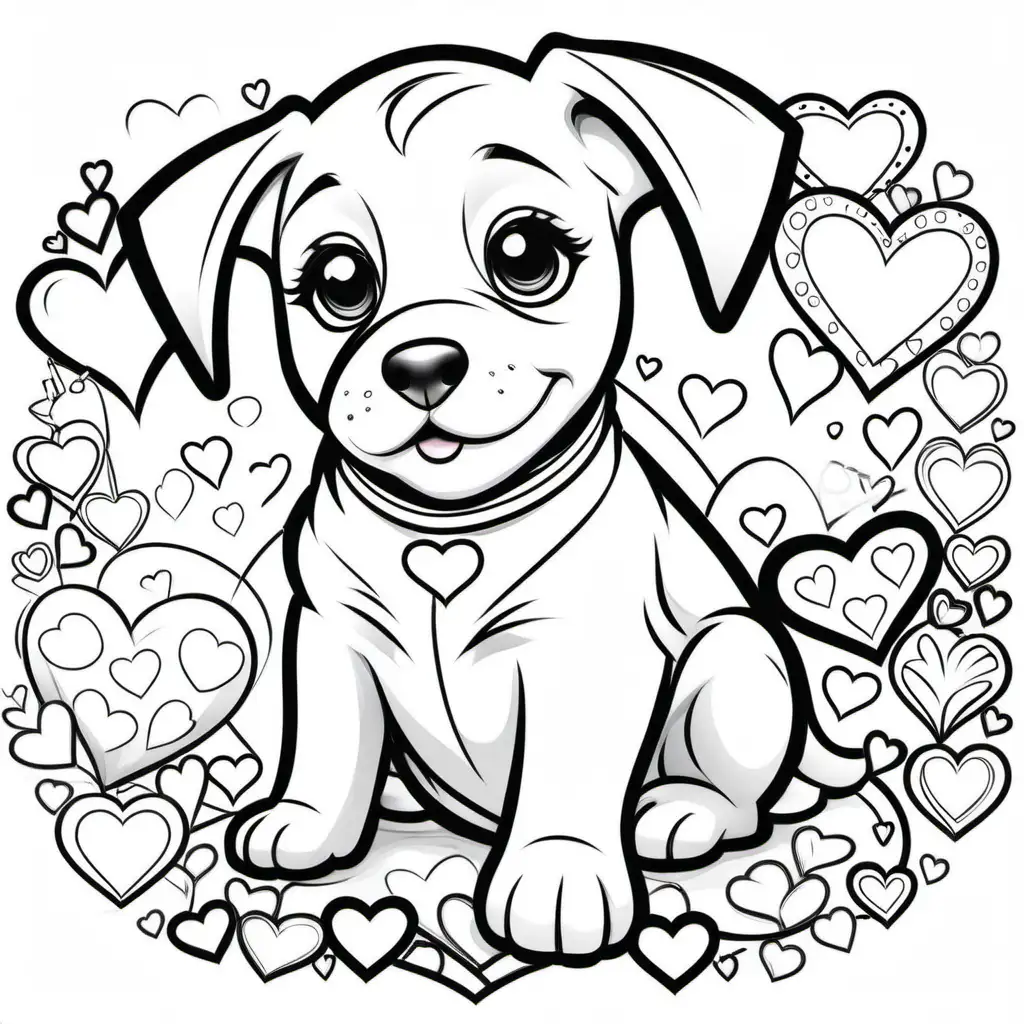 /imagine coloring pages for kids, valentine’s day puppies and hearts, cartoon style, thick lines, low detail, black and white - - ar 85:110