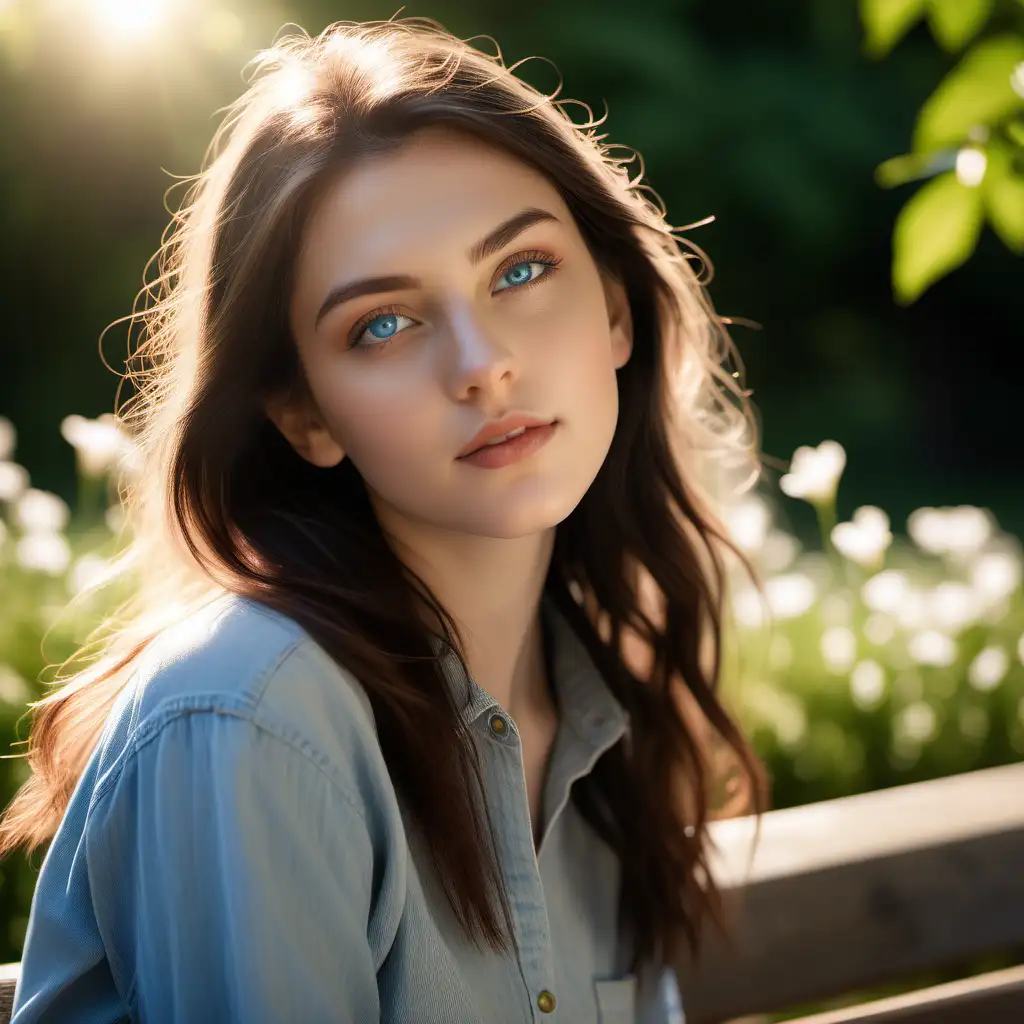 An ultra-realistic photograph captured with a Sony α7 III camera, equipped with an 85mm lens at F 1.2 aperture setting, portraying a young Caucasian woman with dark hair  and blue eyes sitting on a wooden bench in a sunlit park. The background is beautifully blurred, highlighting the subject. The park is adorned with lush greenery and blooming flowers, creating a serene atmosphere. Soft sunlight gracefully illuminates the subject’s face and hair, casting a dreamlike glow. The image, shot in high resolution and a 16:9 aspect ratio, captures the subject’s natural beauty and personality with stunning realism –ar 16:9 –v 5.2 –style raw