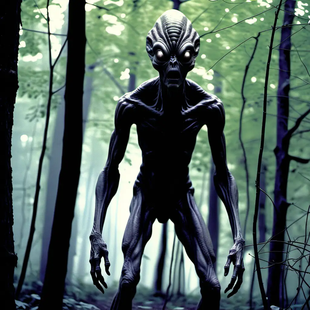 found footage real life alien hiding in woods, 1970s horror movie, gigantic alien creature