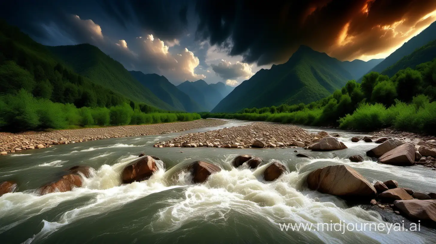 beautiful mountains, flowing river, dramatic skies, 