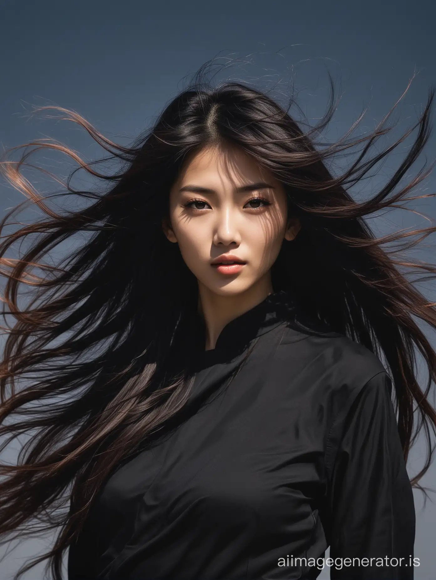 oriental 2024 woman aura epitome of beauty color high contrast black clothes full head portrait
wind blowing hair
