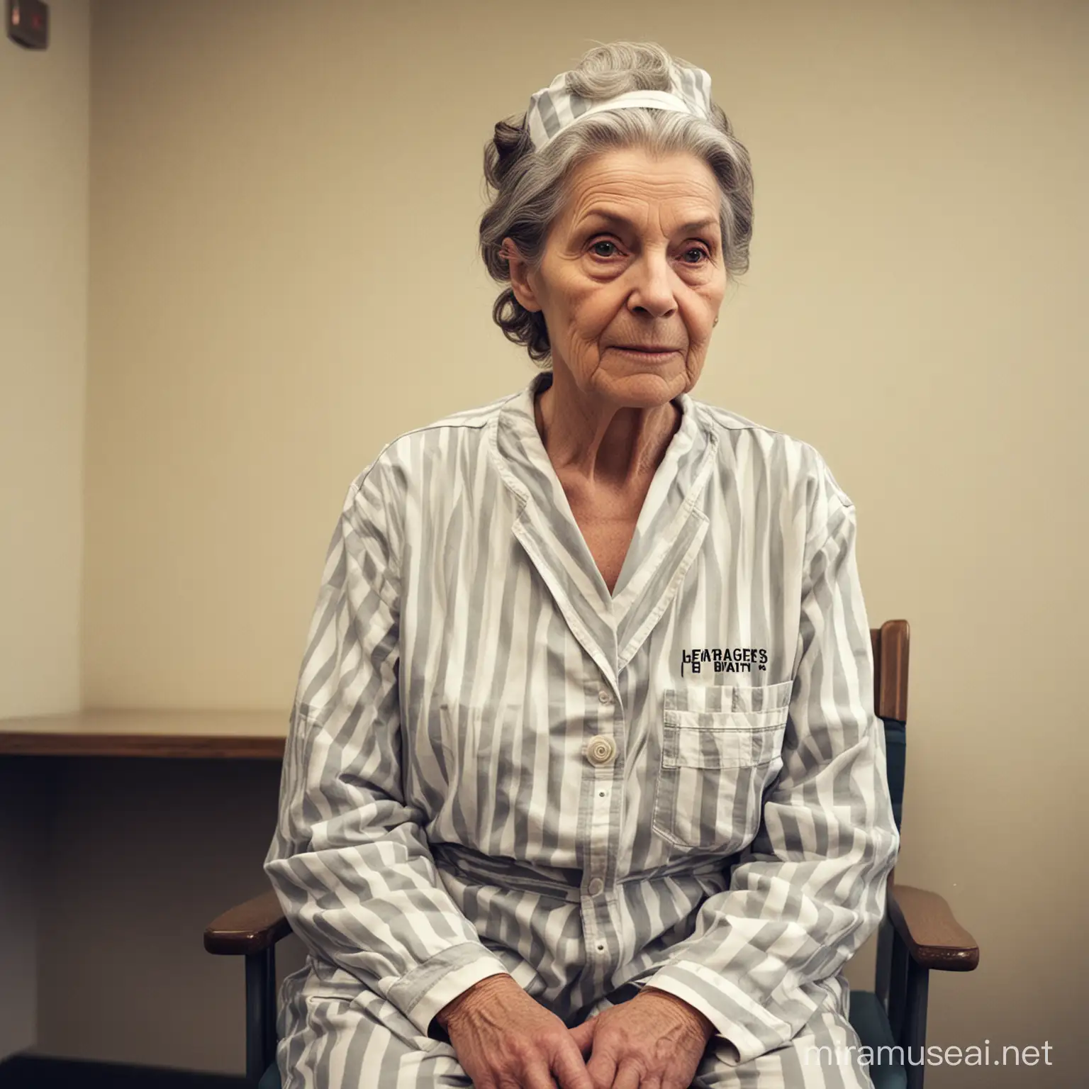 an elderly incarcerated woman in a nurse's office wearing a prison jumpsuit