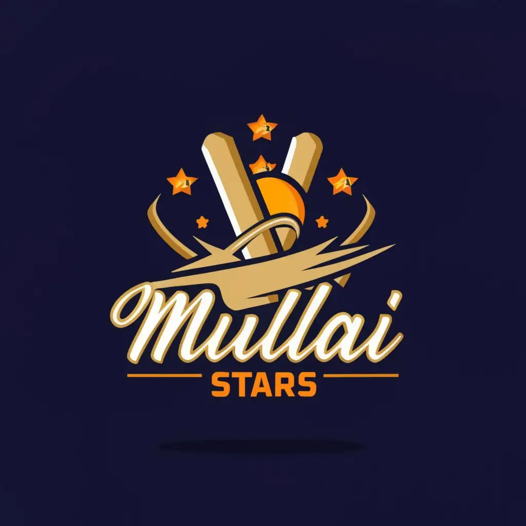 a logo design,with the text "MULLAI STARS", main symbol:cricket bat, ball, star / stars,Moderate,be used in Sports Fitness industry,clear background