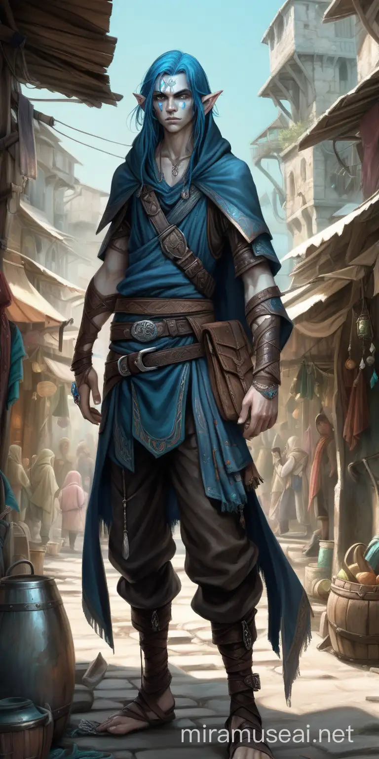 a young male elf rougue in a fantasy world, the art style is like adventure time and world of warcraft and star wars. He is cloaked with blackened leather and rags wrapped around his arm and carries daggers. He has Pale skin with hair with a vibrant bluish tint and indian features. he is leaning against a wall in an impoverished fantasy city as people pass him unnoticed in a slum market