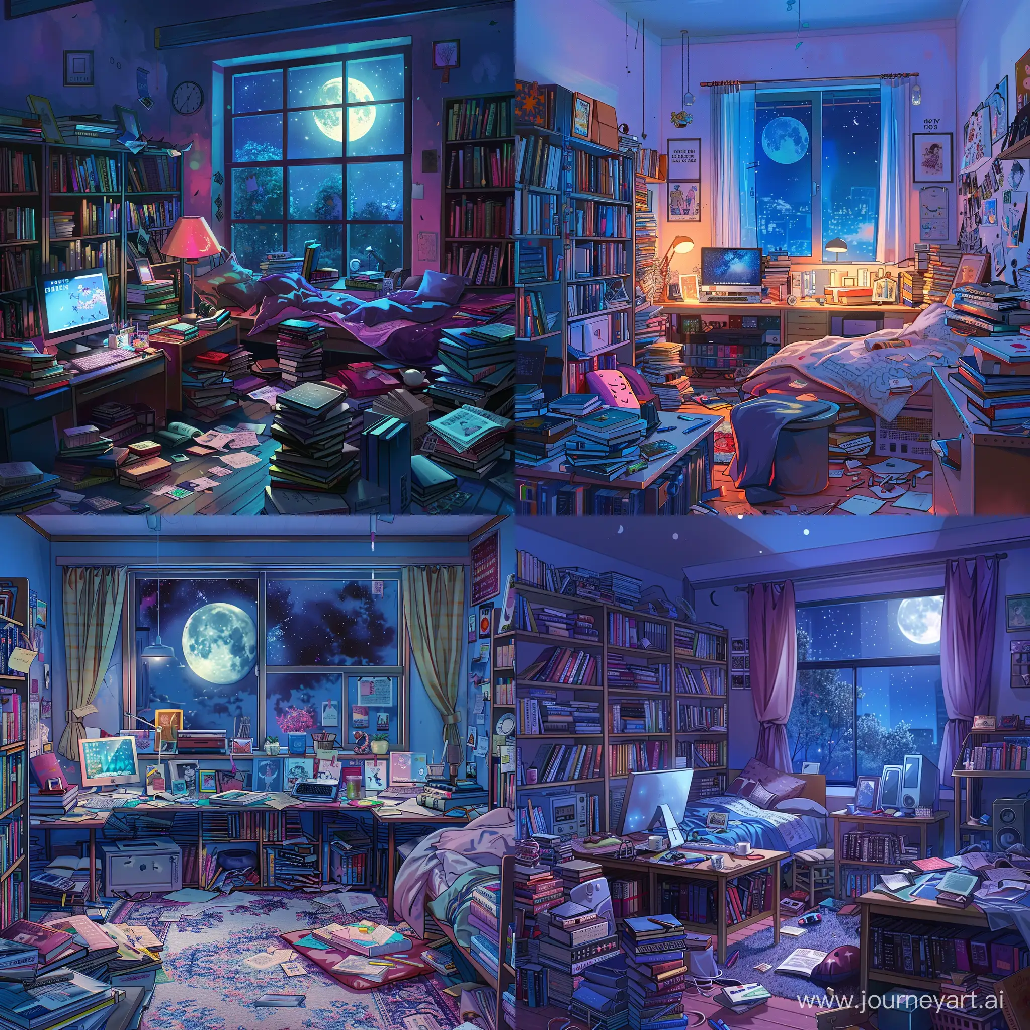 a girl's room with books on the tables, computer, messy bed, window with moonlight