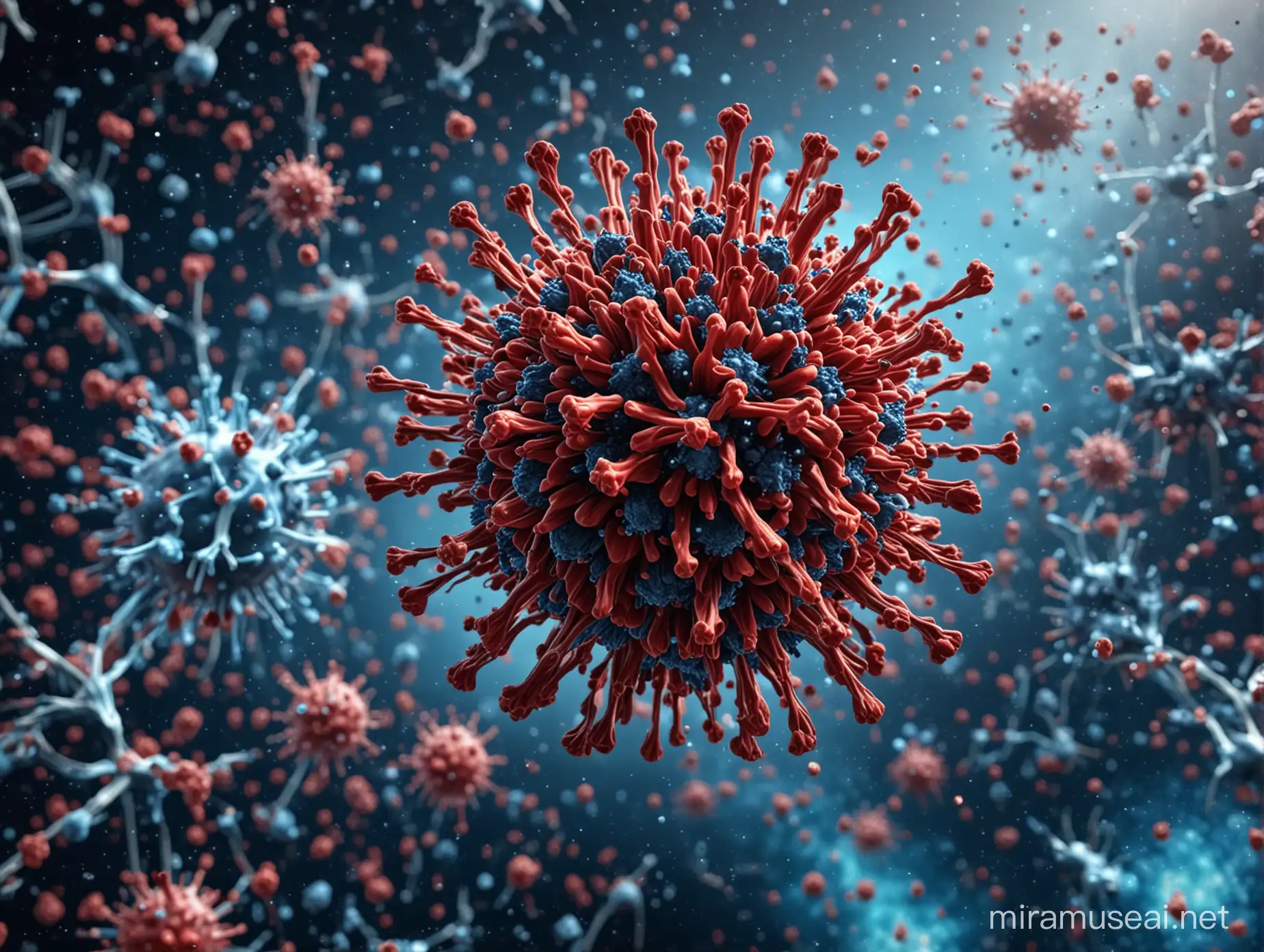 Highly Detailed 3D Rendering of Red SARSCoV2 Viruses in Blue Molecular Space