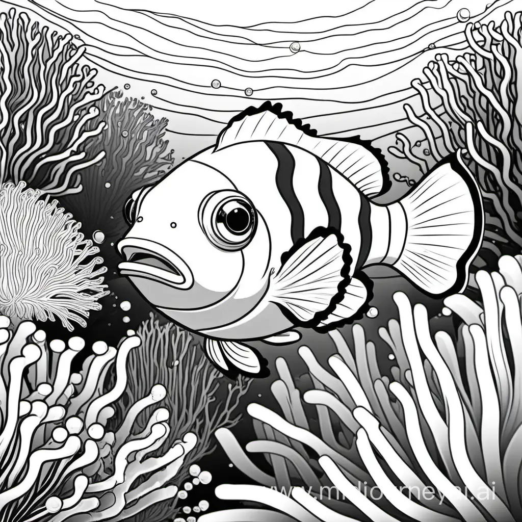 Coloring Pages Anime Clown Fish Swimming with Coral Reefs