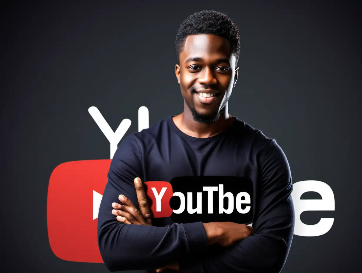 create an image of young, black man in his 30s ,online entrepreneur growing his online businesses in the back ground show youtube logo, show growth of curve
