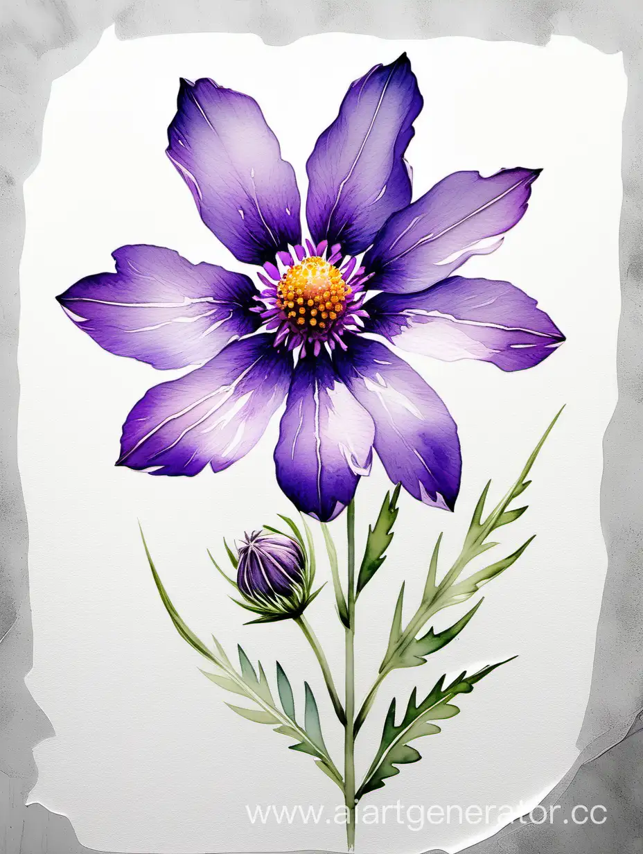 big purple wildflower realistic watercolor, on completely white rough texture  background, vivid colors and  pastel colors painting, brush strokes, 