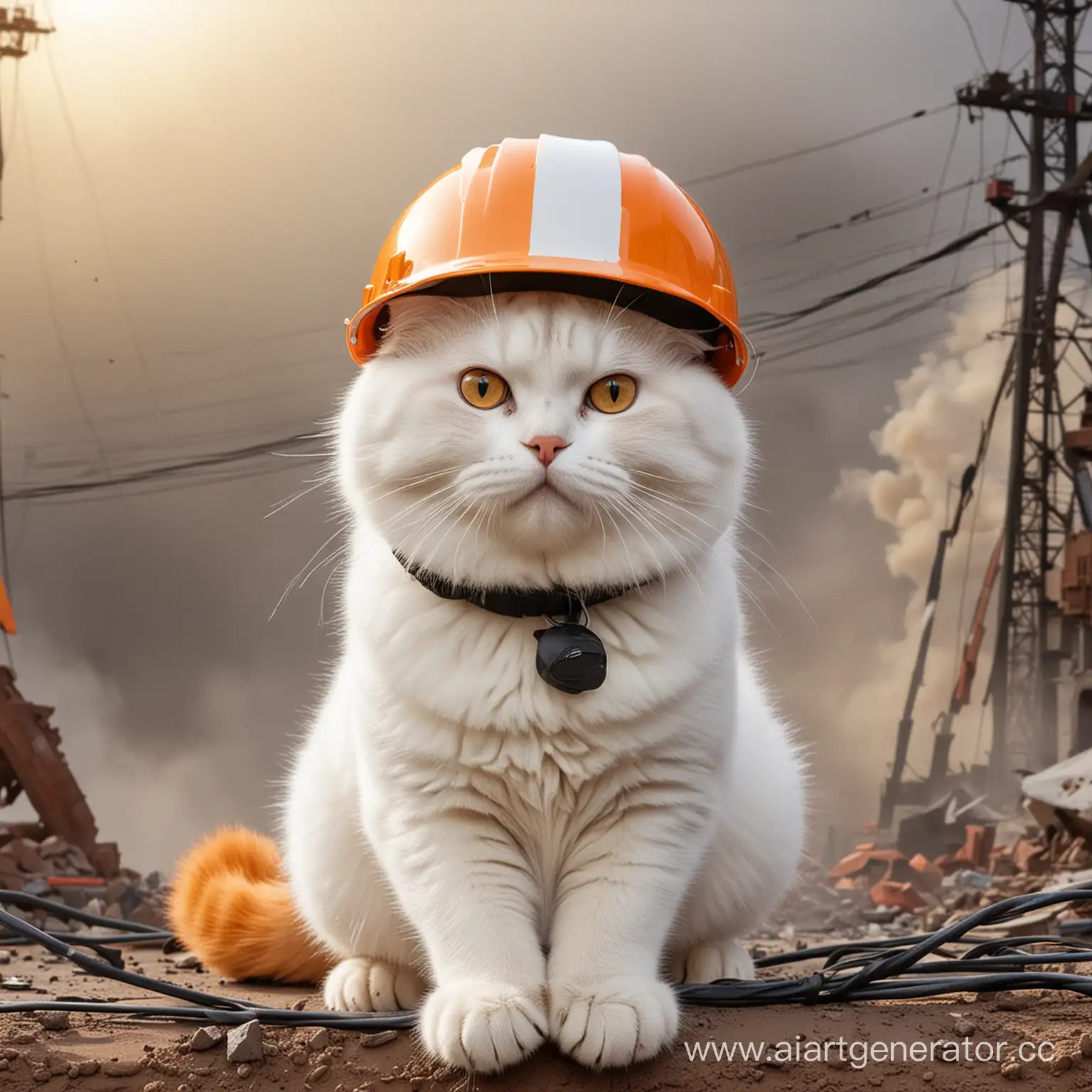 белый толстый кот с чёрными полосками с строительной оранжевой каске сидит на проводах на фоне взрыва