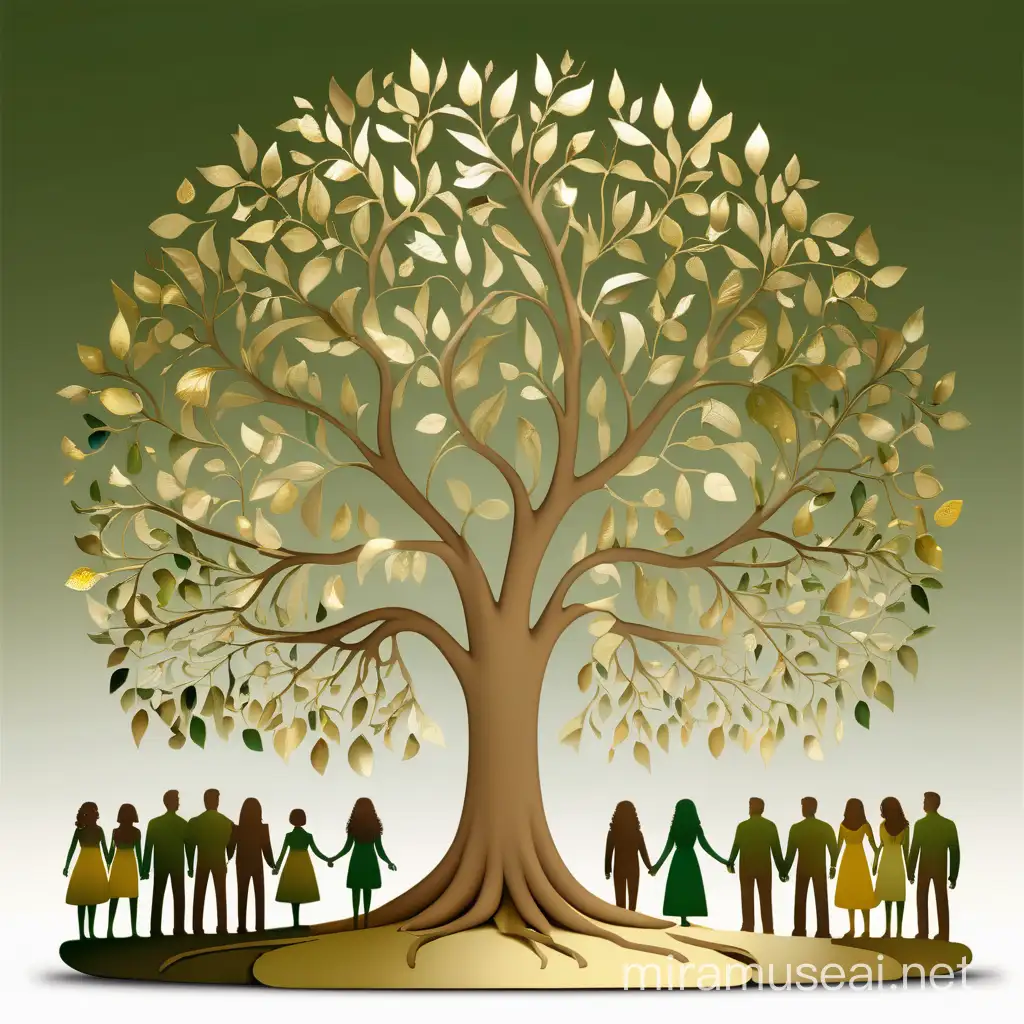 Family Reunion Tree in green and gold with various shades of light and brown people in and around the tree with a white background