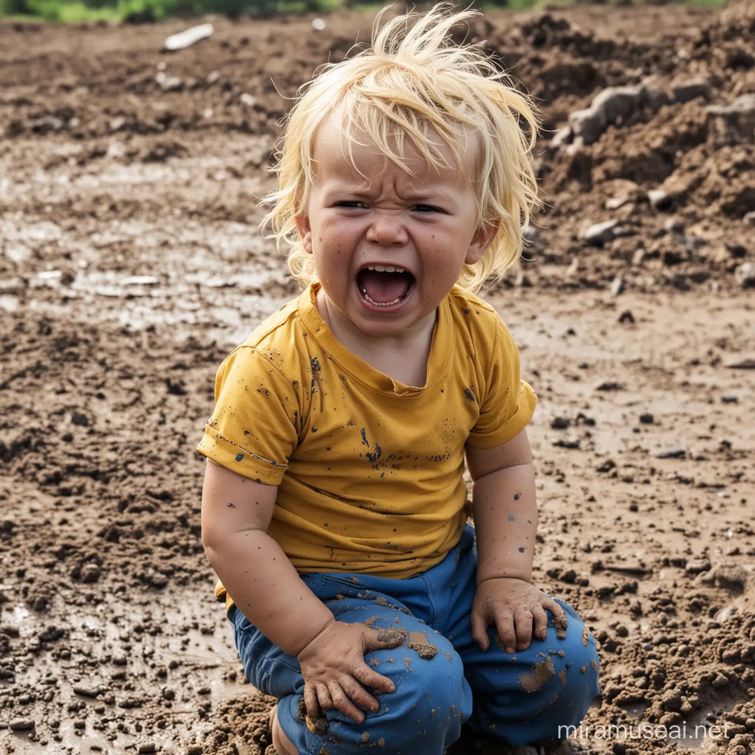 crying toddler, sitting in mud, blue pants, yellow shirt, hair dirty, dusty, screaming, bleeding, war zone, close up
