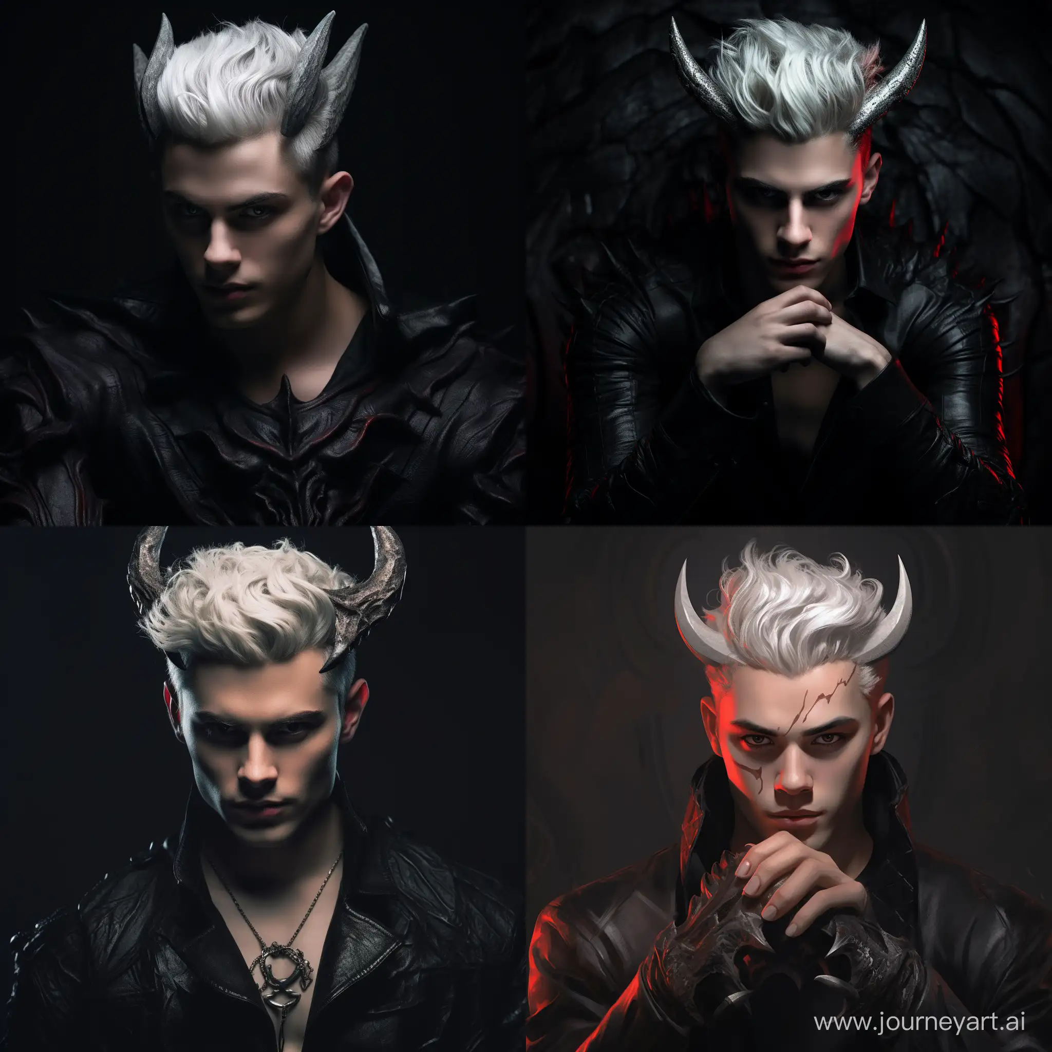 A handsome young man with short white hair, red eyes and black horns on his head along with claws for hands
