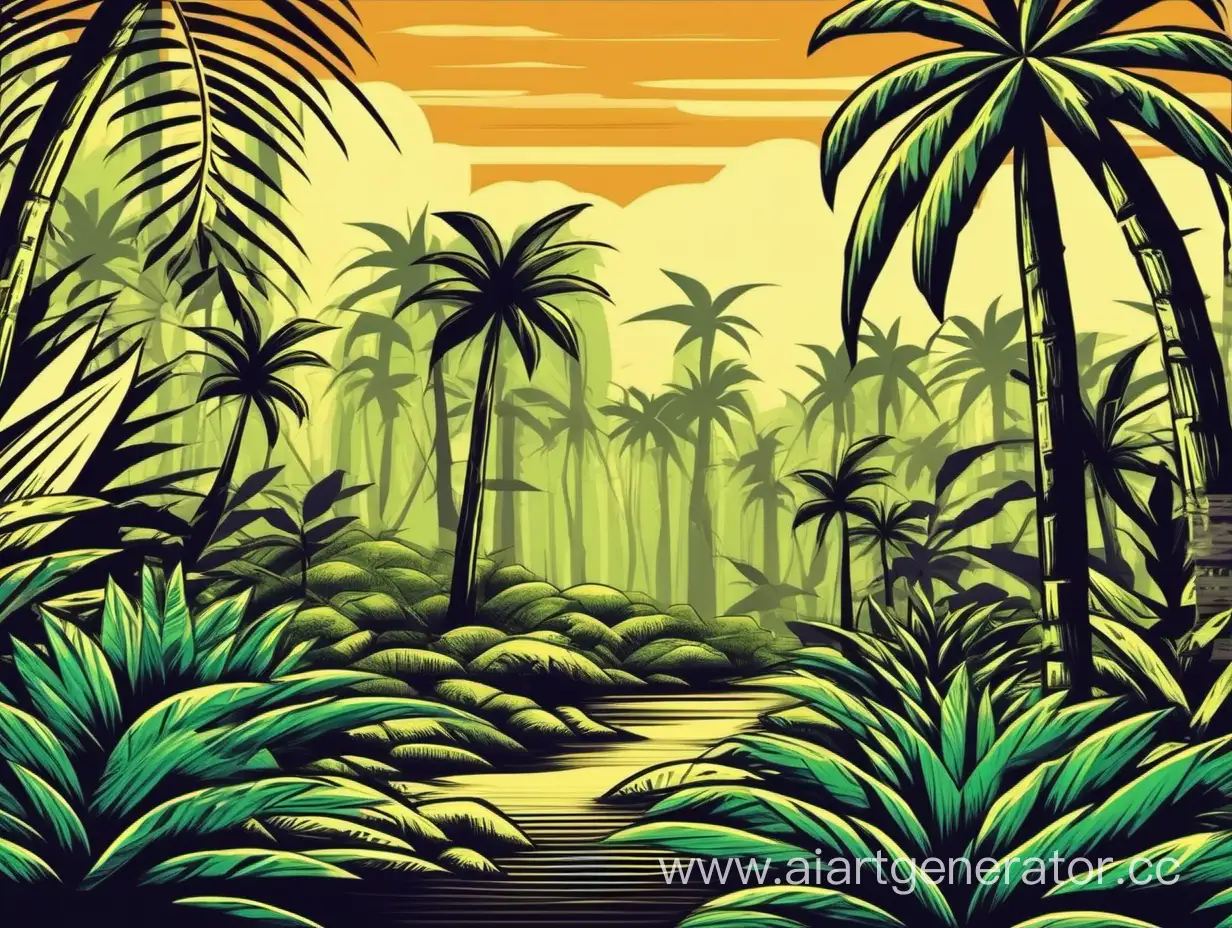 мультяшный тропический лес в ретро стилистике 