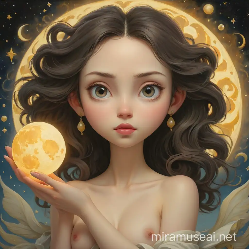 Pop Surrealism Painting Naked Woman Holding Moon and Sun in Mark Ryden Style