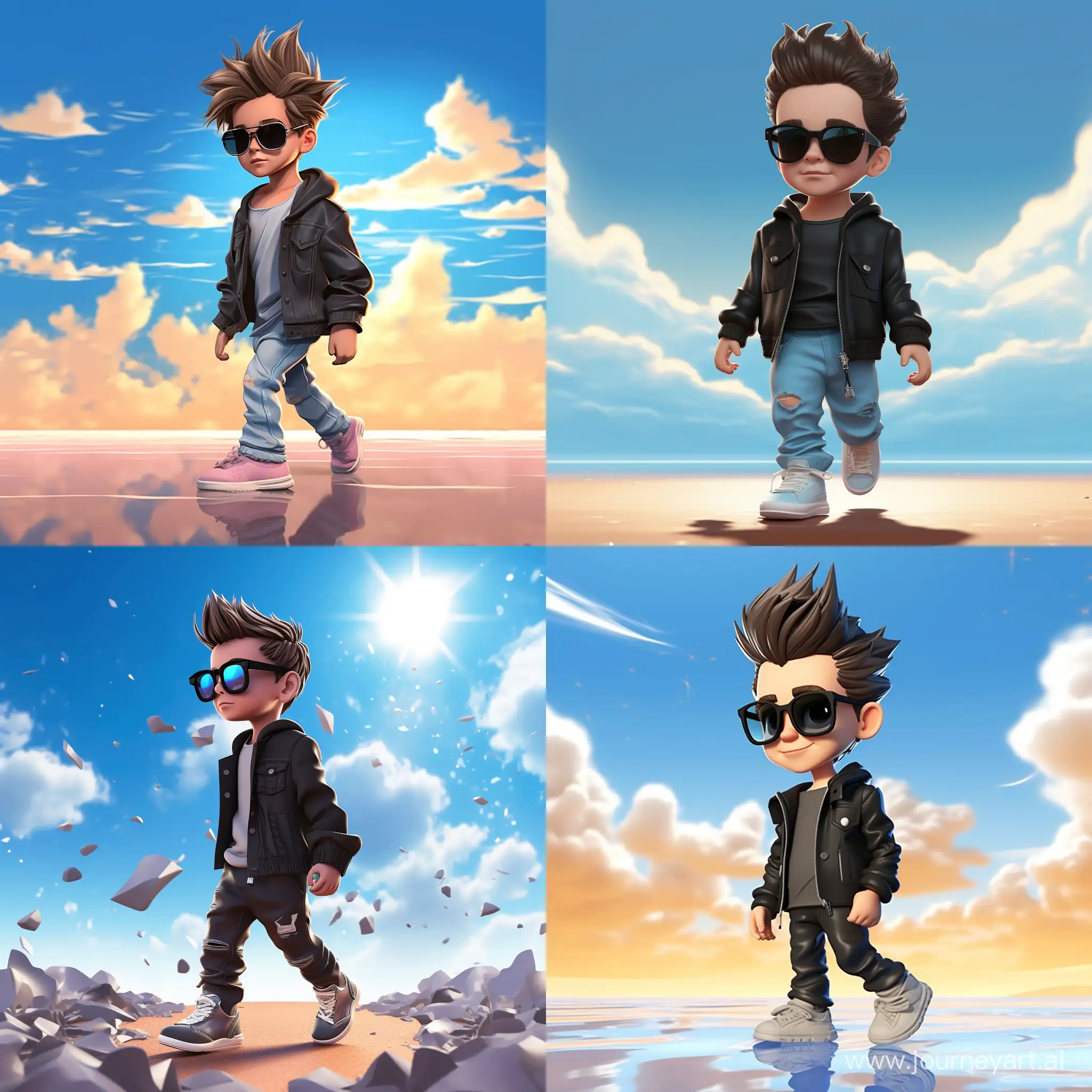Create a 3D illustration of realistic human young child character walk out from social media Facebook. The character must wear blue jeans, black t-shirt name "Your Name" with long black coat and black sneakers, sunglasses, splash colorful water effect. The background is social media profile page with a user name "Your name" And profile picture of him and beautiful sky profile cover.