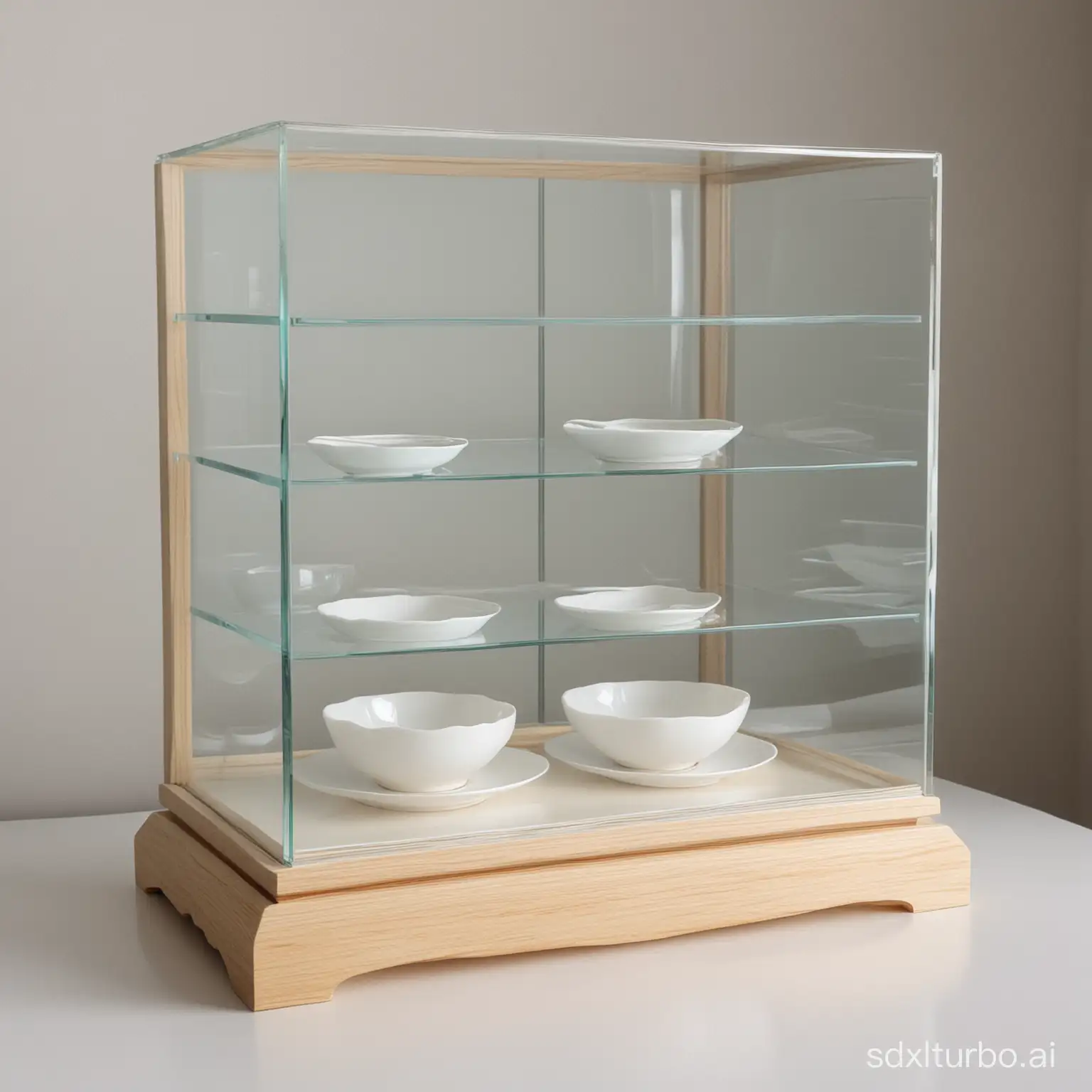 一个高大约30cm的玻璃展示柜，只有一层，不要两层，可以很长，后背是不透明的白色，玻璃柜里面展示的有一个白色的面碗，一个白色的饭碗，一个白色的盘子，，和一个白色的杯子，