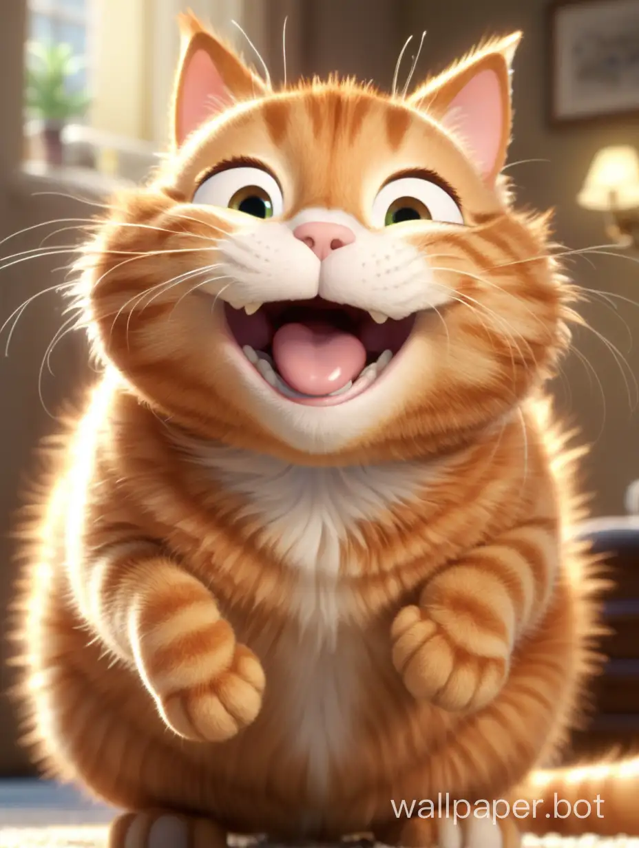 A super cute a ginger cat laughing and happy, Pixar Style, smile, round fat, obese, wide mouse, simper, cute, very cute, playing, realistic, highly detailed, spotlight, whole body, hairballs, fluffy, cinematic lighting, HDR, 8k, --ar 9:16  --q 2 --v 5