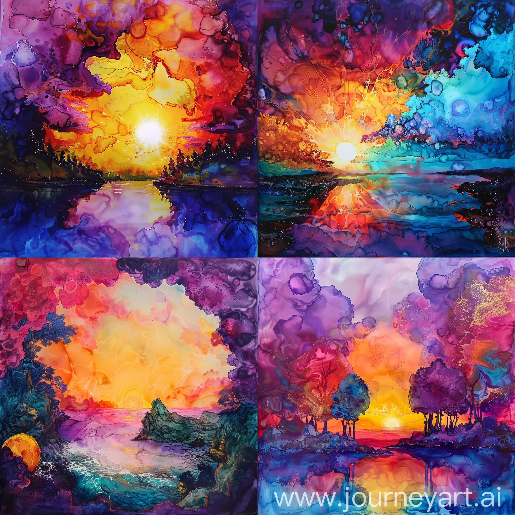 landscape, wonderland, sunset, Alcohol ink and impasto mix painting,  explosion, 
yang08k,  beautiful,  colorful,
masterpieces, top quality, best quality, official art, beautiful and aesthetic,
