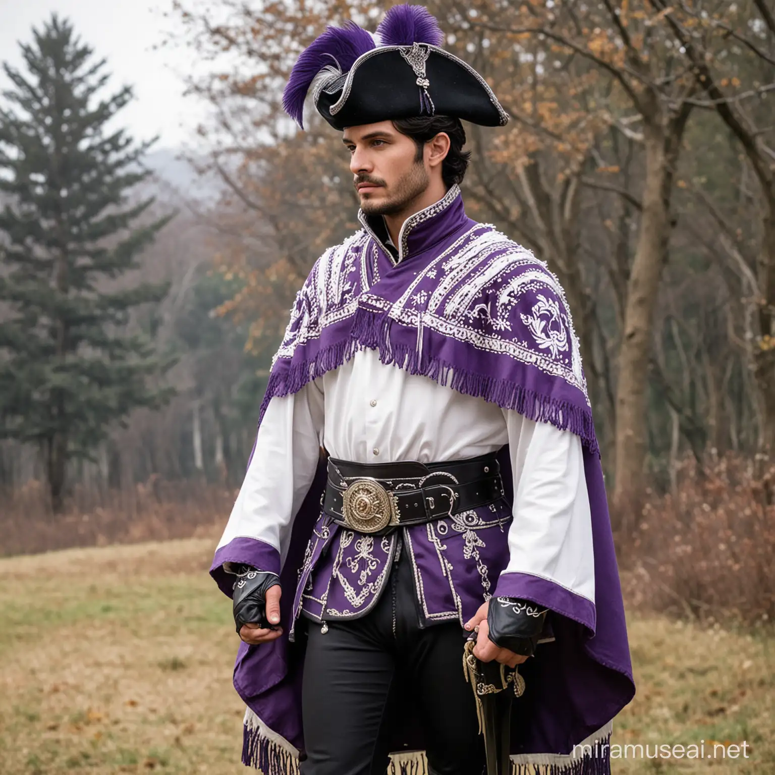 Man with dark hair, wearing a purple hussar dolman with white trimmings, He covers his jacket with a poncho, white saber belt, black pants and riding boots. On his head he wears a hussar's shako.