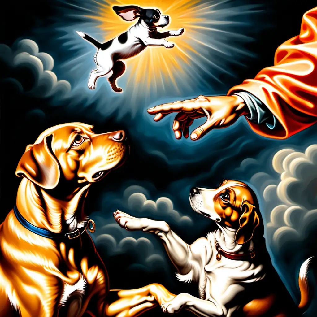Dog reaching out and touching god who is also another dog in a painting done in the style of Michelangelo