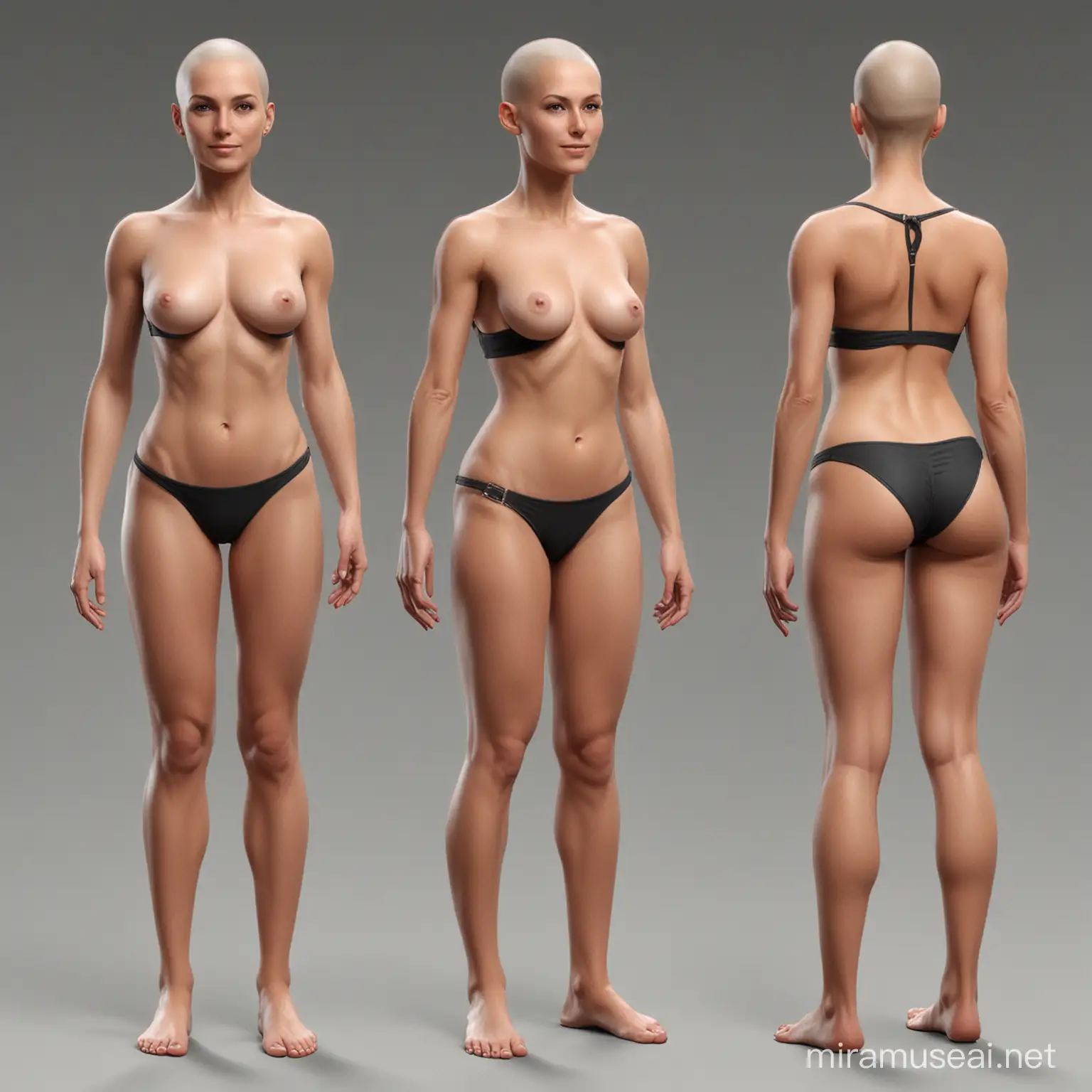 character sheet, orthographic, modeling reference, woman, no hair, full body, front view, side view, no shadows