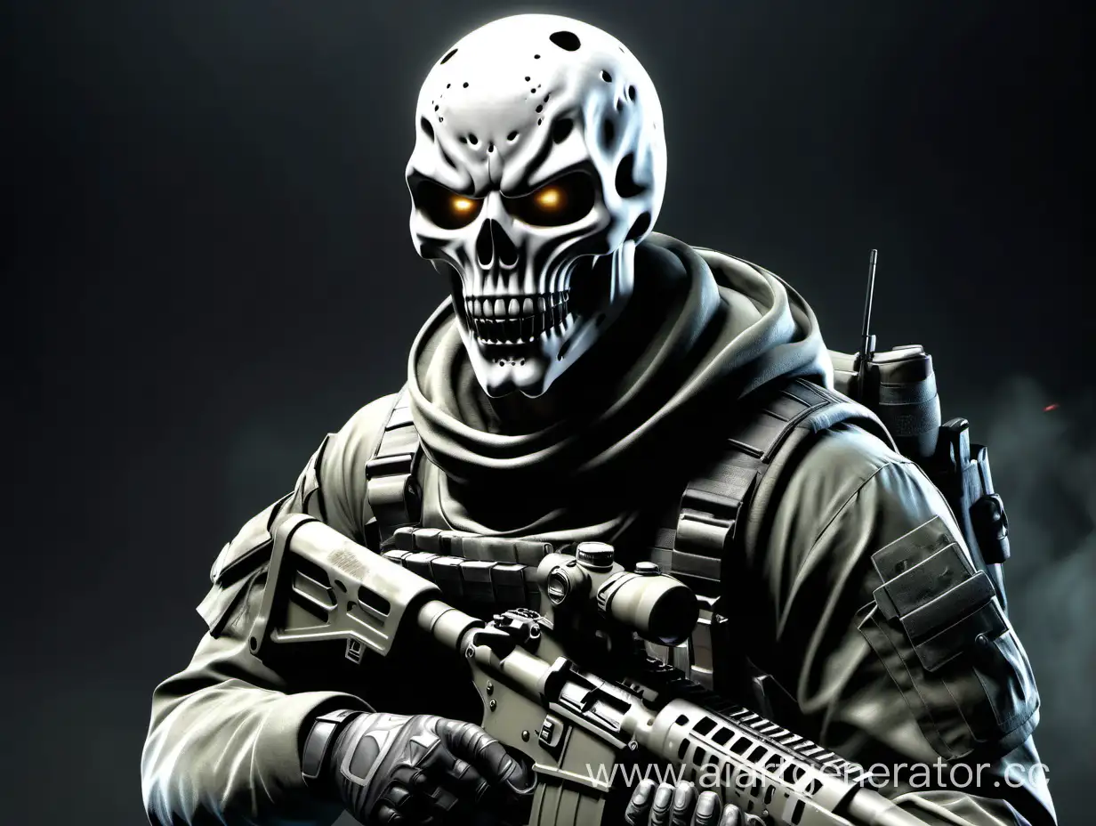Character ghost, call of duty, military, with weapons, 3d, 4k, in a mask resembling a skull.