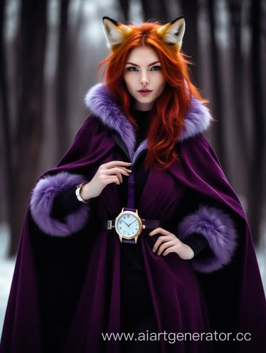Red-haired fox women, furry in a dark purple cloak with a watch in his hands.