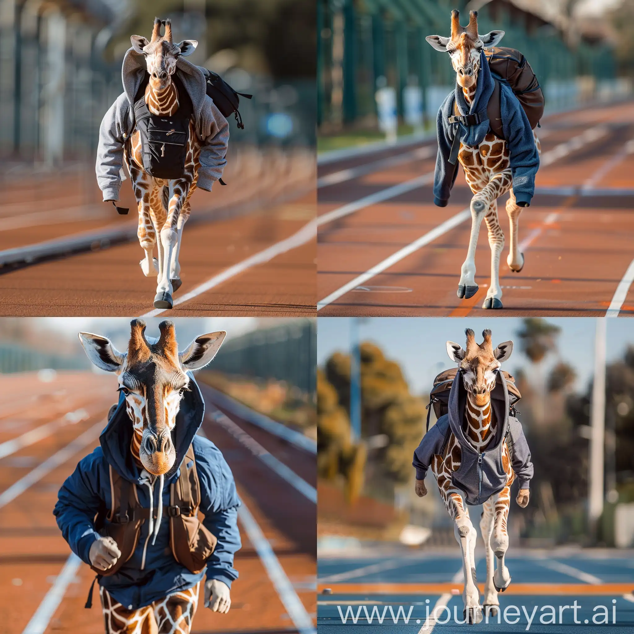 жираф в спортивной форме бежит с капишоном на голове с рюкзаком бежит на стадионе синиматик