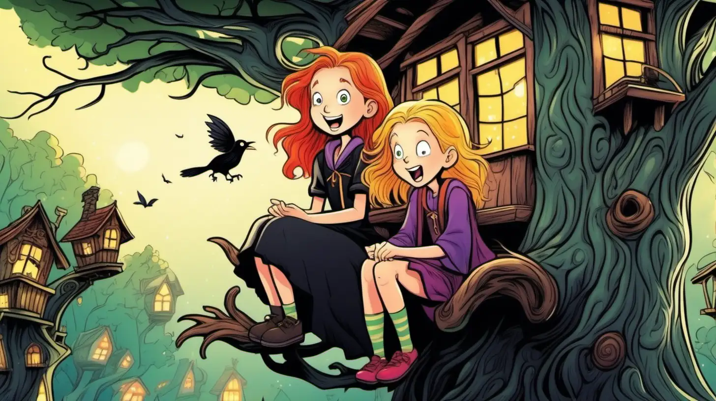 illustrate A 10-year-old A long red-haired witch and her 10 years old short blonde-haired witch friend are talking excitedly inside a magical tree house
