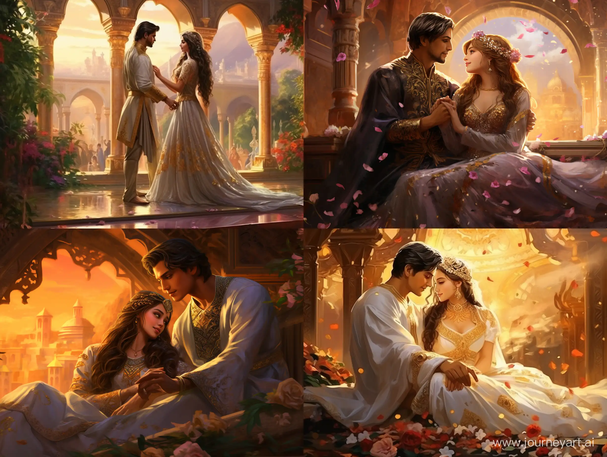 Illustration like a fairytale of the Arabian wedding of prince and princess in Arabian palace