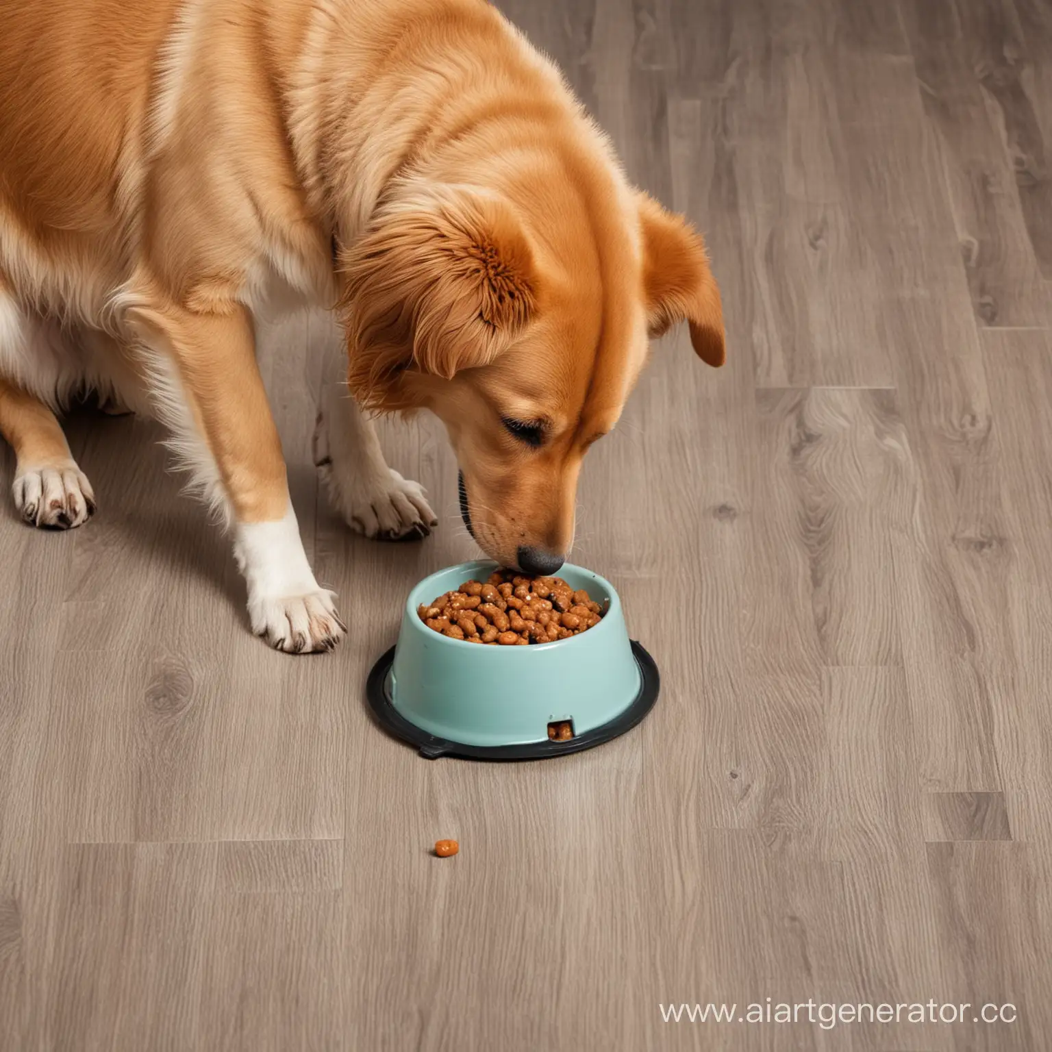 собака ест из миски на полу близкий ракурс