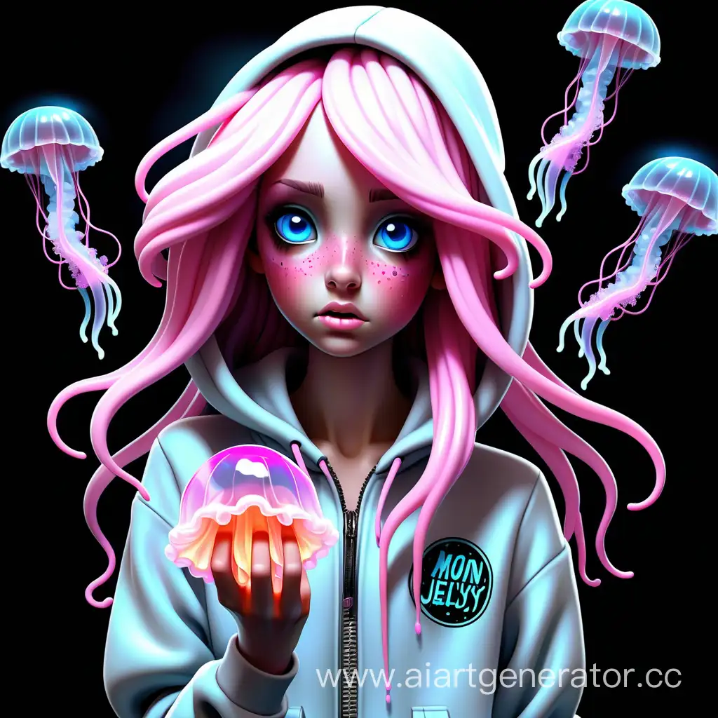 Черный фон с неоновыми медузами и разноцветными кристалами, девушка с розовыми волосами, распущеные длиные волосы, светло-нежные голубые глаза,  в белой майке, голубая-розовая сверху кофта на молнии растегнутая, в руке медуза летающая, 