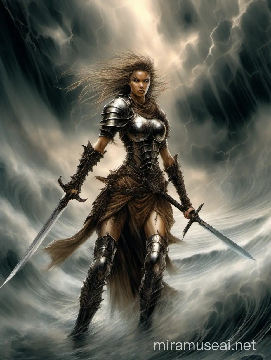 Fantasy Female Warrior in Armor wielding Sword amidst Swirling Storms and Floating Islands