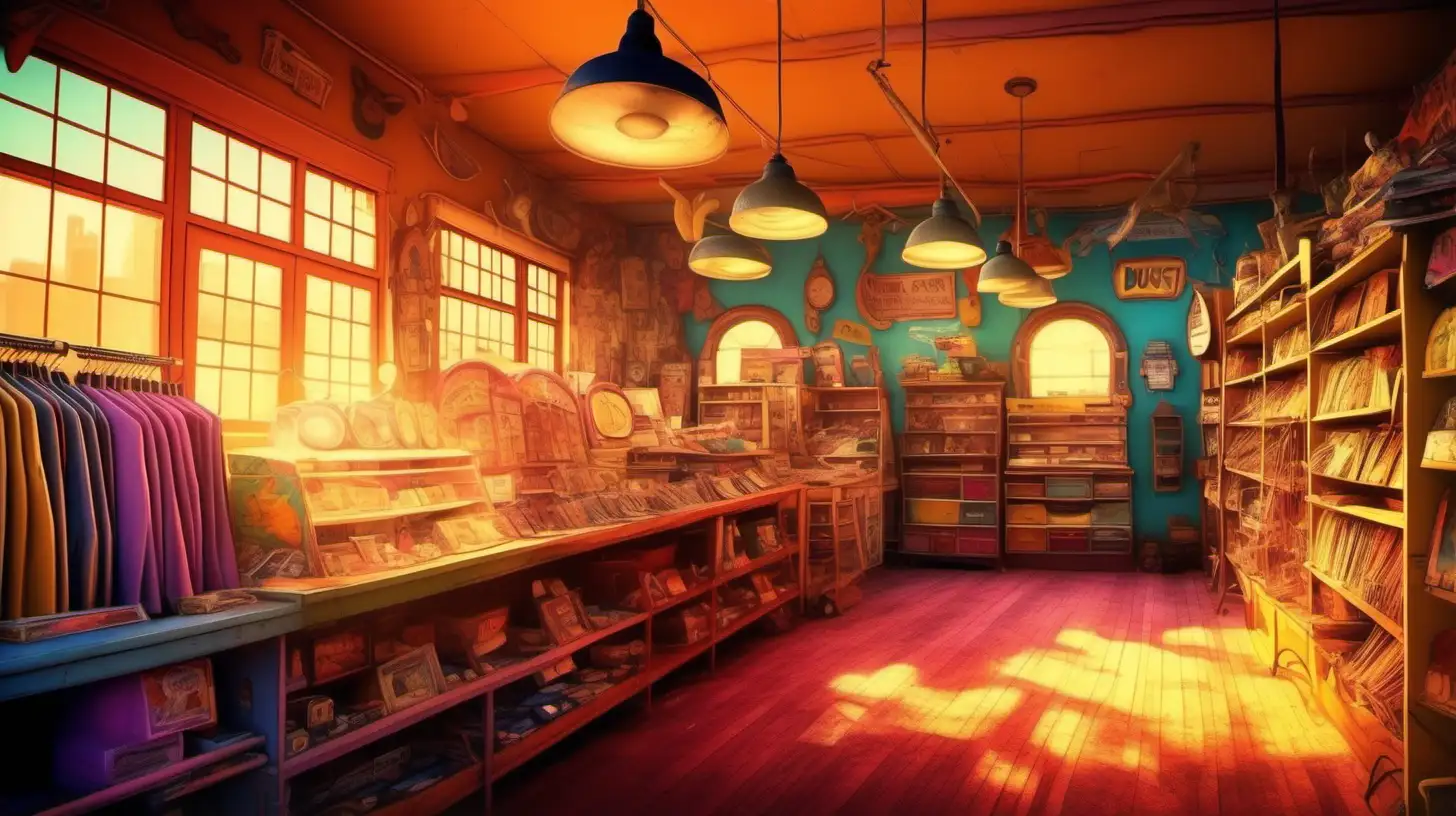 in cartoon style, an up close image of the inside of an old dust thrift shop, similar to a Loony Tunes cartoon, with a lot of warm sunlight with vivid colors and lively details, ultra hd, vivid colors, highly detailed, perfect light
