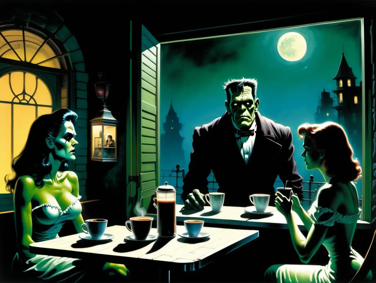 Frankenstein looking through a window watching a man and a woman having coffee at a diner at night Frank Frazetta style