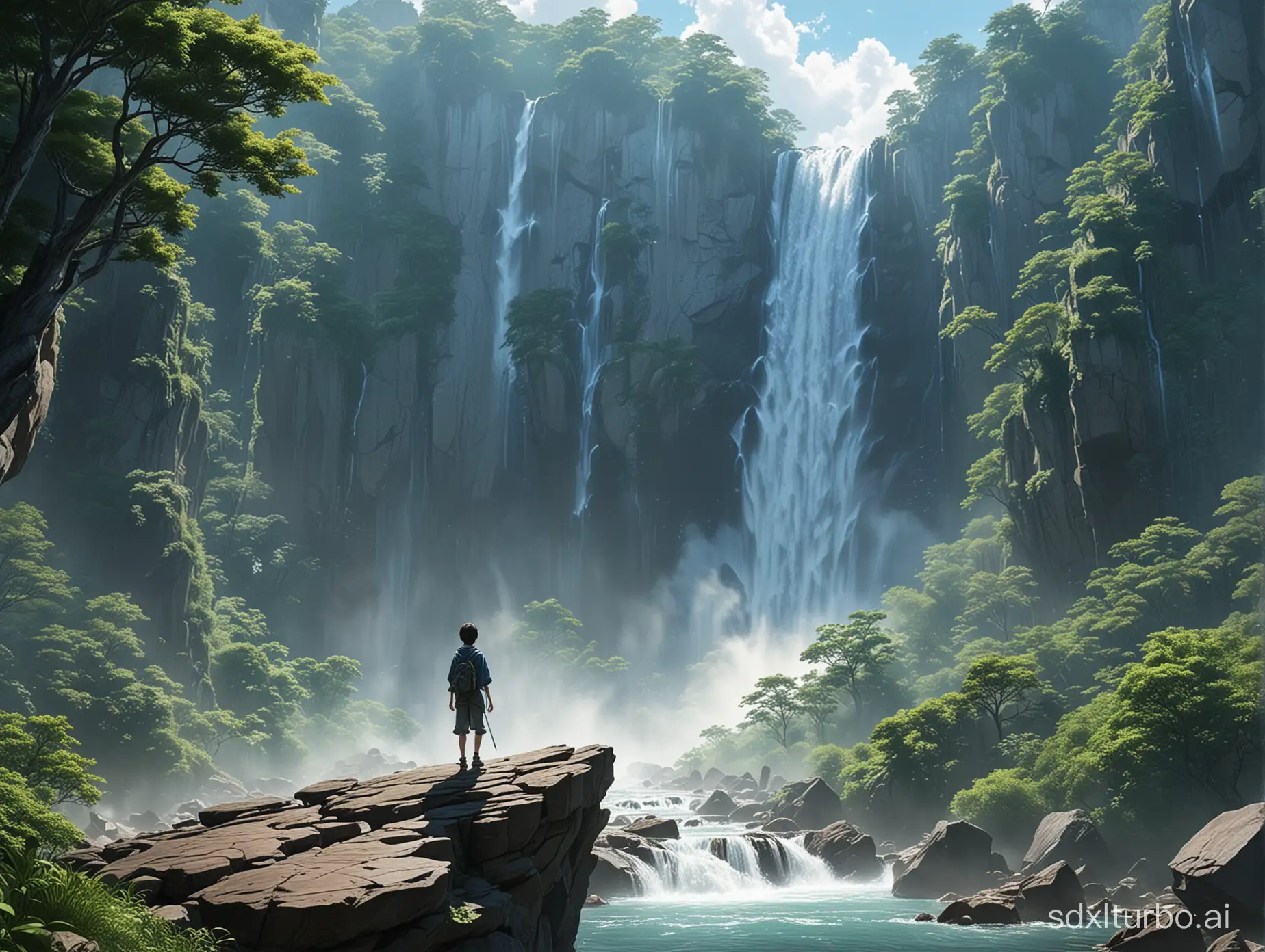 Japanese anime style，A breathtaking scene of a young boy standing on the edge of a majestic cliff, surrounded by the beauty of nature. The boy, with his back to the viewer, gazes at the stunning waterfall that cascades down the cliff, creating a refreshing mist. The lush greenery on the rocky terrain adds a sense of harmony with nature, while the bright blue sky above accentuates the serenity of the moment. The clear waterfall blends seamlessly with the sky, creating a mesmerizing visual effect. The overall atmosphere of the image is tranquil and awe-inspiring, evoking a deep appreciation for the natural world and its beauty.