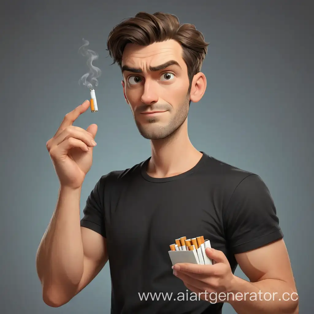 мультяшный мужчина в черной футболке предлагает пачку сигарет