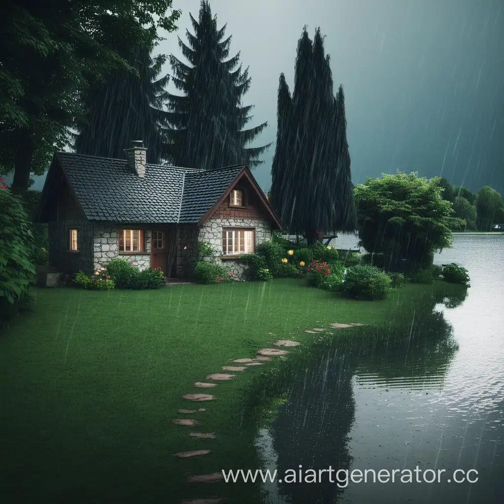  домик в деревне на берегу озера . идет дождь