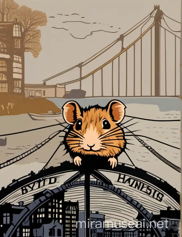 Please generate a woodcut image in William morris and banksy style. With this hamster on a wheel and a bristol skyline in the background with the suspension bridge 