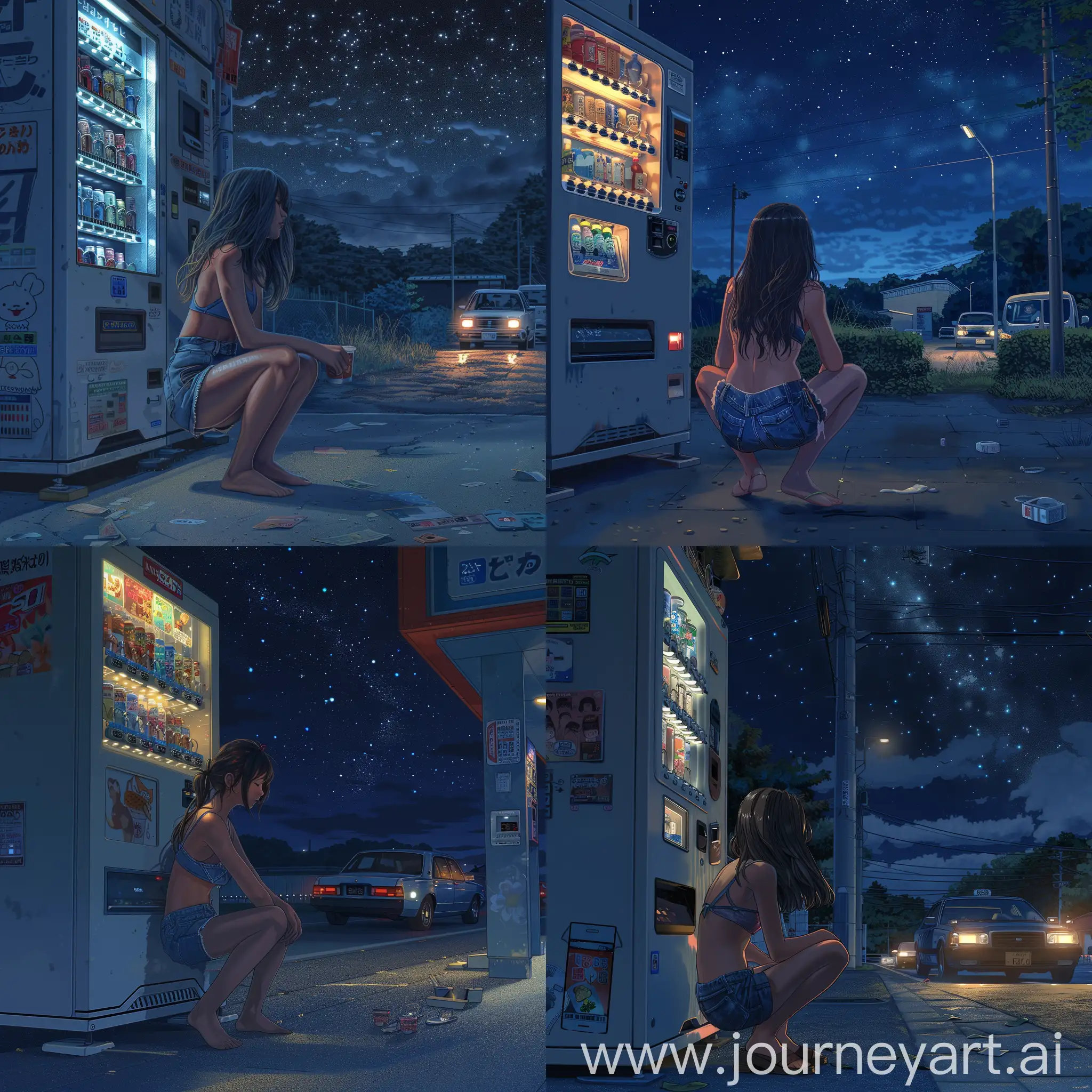 детализированная иллюстрация, cgi, компьютерная графика, 2d, ночное токио, девушка сидит перед торговым автоматом на корточках одетая в джинсовые шорты, вдалеке едет машина с включенными фарами, ночь, звездное небо